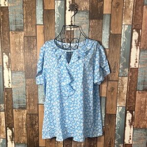 Daisy print ruffle sleeve loose Blue Floral Blouse